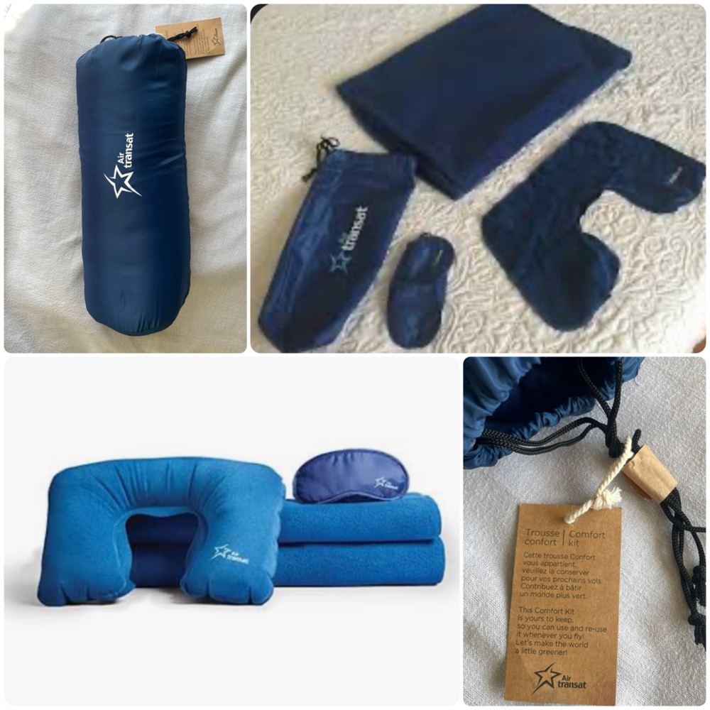 Air Transat Travel Comfort Kit Inflatable Pillow Blanket Sleep Mask Case New NWT